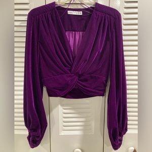 LUSH PURPLE VELVET ZARA TWIST FRONT BALLOON SLEEVE TOP SMALL NWT